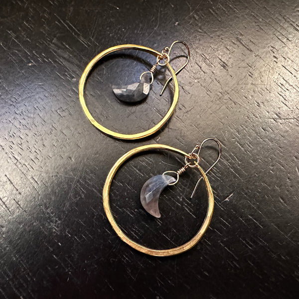 Faceted Crescent Sapphire Moons in Small Gold Hoops