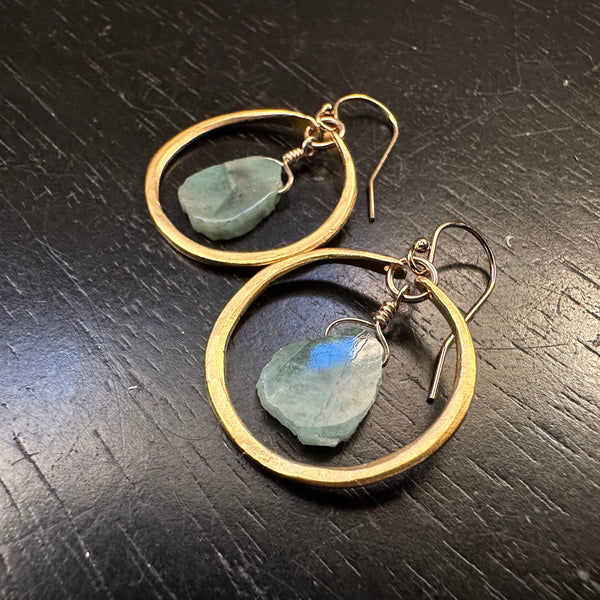 Tiny Gold Hoops with Emerald Slices