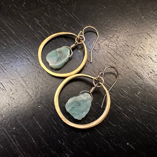 Tiny Gold Hoops with Emerald Slices