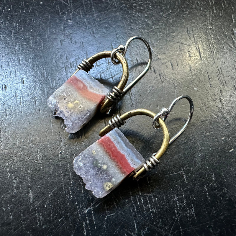 Limited batch! #3 Tiny Brass Taliswoman Earrings Bookmatched Natural Amethyst Stalactite Slices! OOAK #3