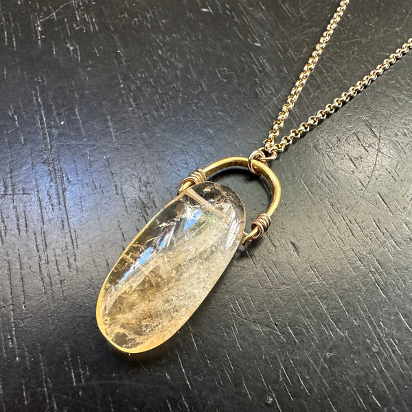 Long Oval Citrine Gold Taliswoman Necklace, 24K Gold Bail!