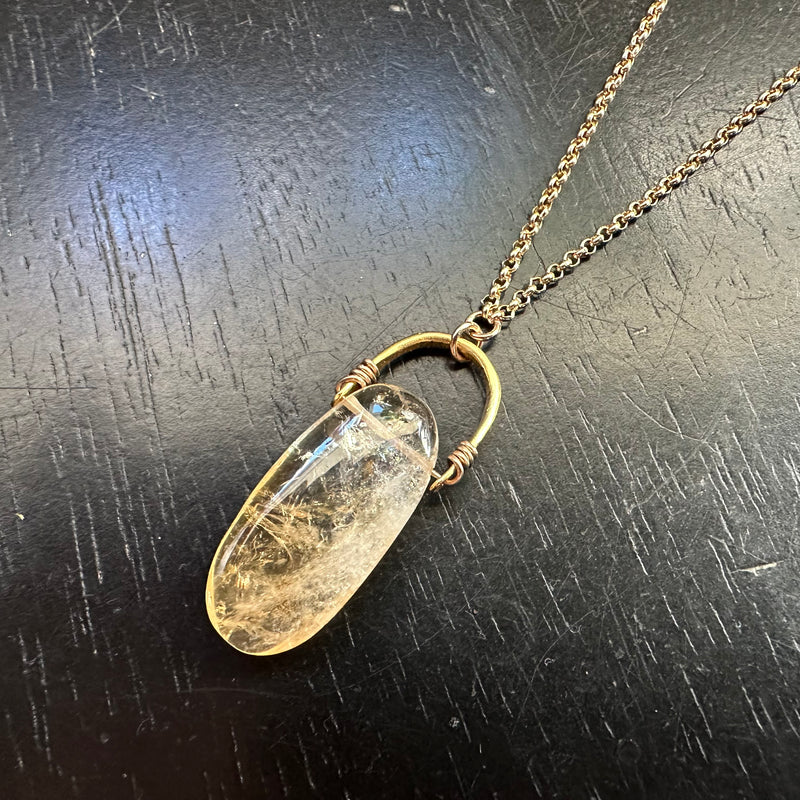 Long Oval Citrine Gold Taliswoman Necklace, 24K Gold Bail!