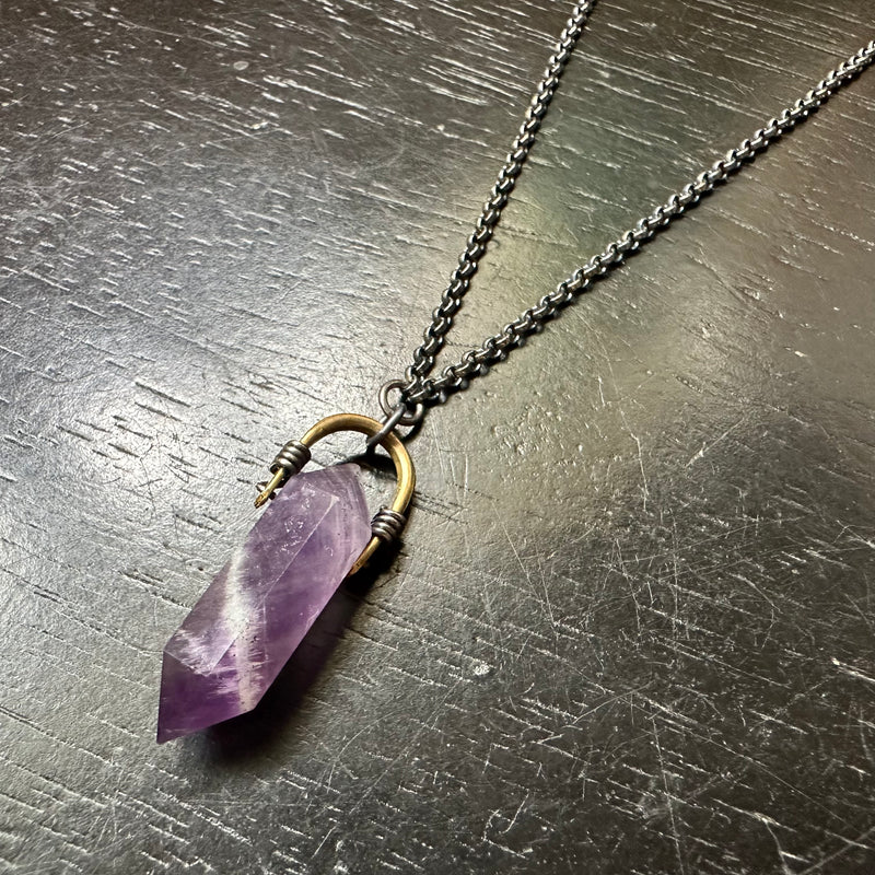 NEW! TINY double-pointed, Faceted AMETHYST Taliswoman Brass Bail + Silver Necklace