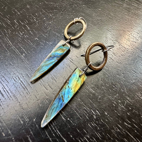 NEW! #3 Bookmatched Labradorite Spear dangles Tiny Brass Forged Rings, OOAK #3