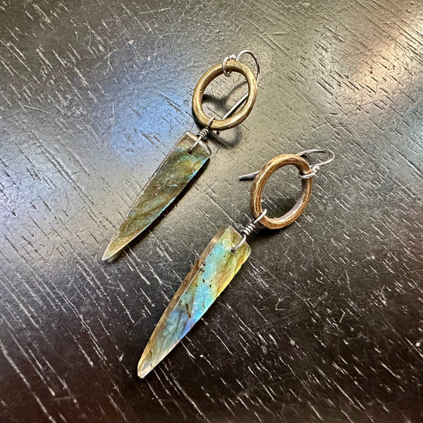 NEW! #3 Bookmatched Labradorite Spear dangles Tiny Brass Forged Rings, OOAK #3