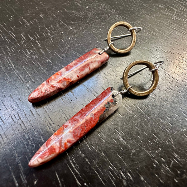 NEW! #3 Bookmatched Lepidocrocite Spear dangles, Tiny Brass Forged Rings, OOAK #3