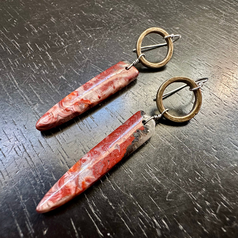 NEW! #3 Bookmatched Lepidocrocite Spear dangles, Tiny Brass Forged Rings, OOAK #3