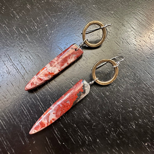 NEW! #3 Bookmatched Lepidocrocite Spear dangles, Tiny Brass Forged Rings, OOAK #3