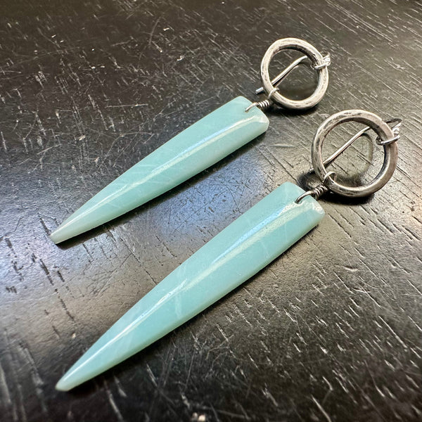 NEW! #1  Bookmatched Amazonite Spear dangles, Silver Forged Rings OOAK #1