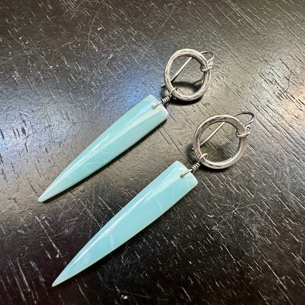 NEW! #1  Bookmatched Amazonite Spear dangles, Silver Forged Rings OOAK #1