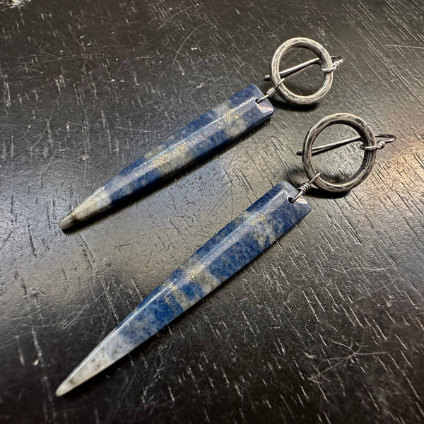 NEW! #1 "Starry Night" Lapis Lazuli Spear dangles, Tiny Forged Silver Rings OOAK #1