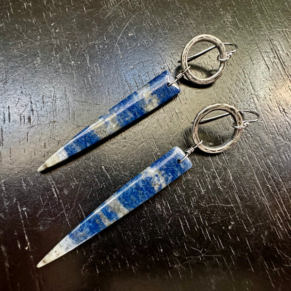 NEW! #1 "Starry Night" Lapis Lazuli Spear dangles, Tiny Forged Silver Rings OOAK #1
