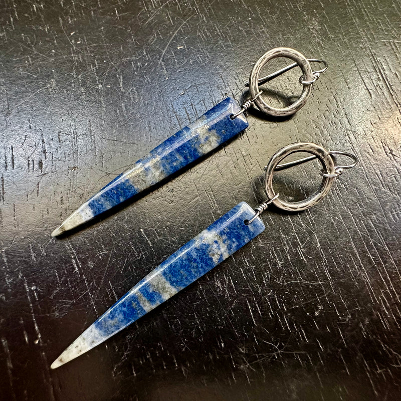 NEW! #1 "Starry Night" Lapis Lazuli Spear dangles, Tiny Forged Silver Rings OOAK #1