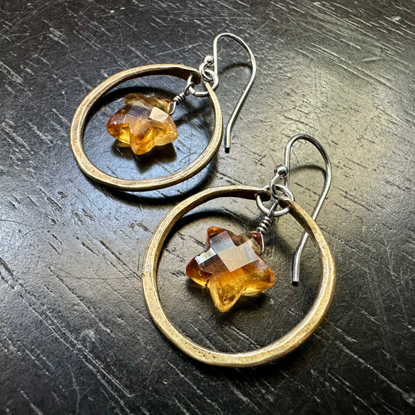 NEW! PETITE CITRINE CARVED STARS in Tiny Brass Hoops (November Birthstone)