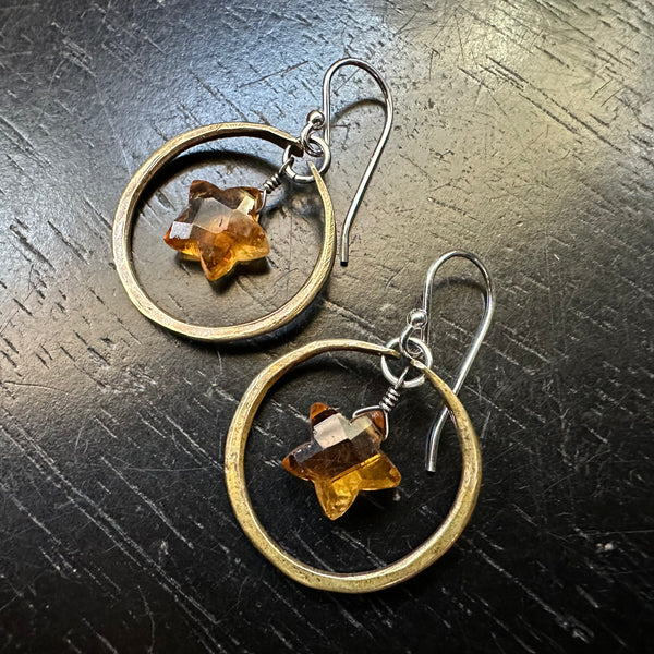 NEW! PETITE CITRINE CARVED STARS in Tiny Brass Hoops (November Birthstone)
