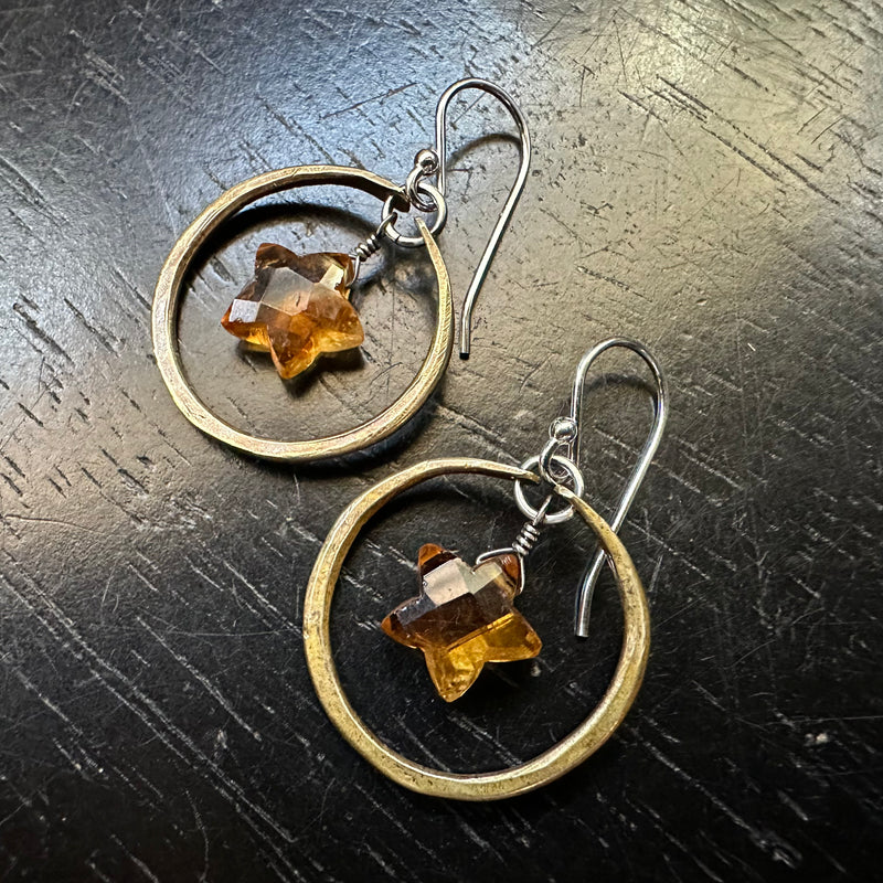 NEW! PETITE CITRINE CARVED STARS in Tiny Brass Hoops (November Birthstone)