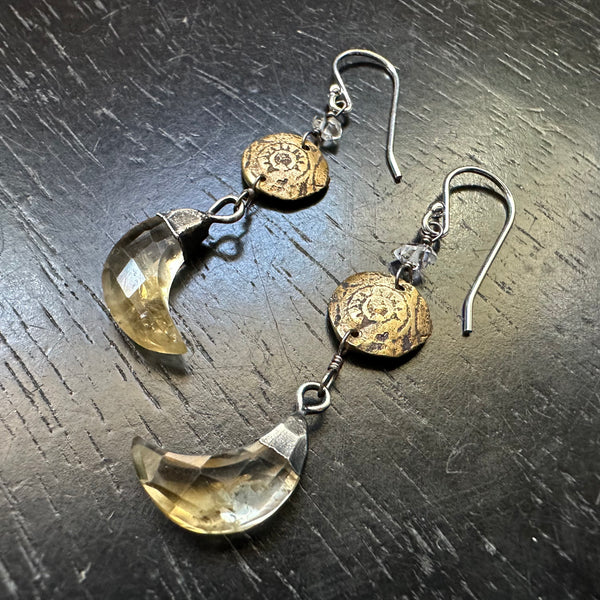 NEW! (SILVER CAPPED!) Faceted Citrine Moon Earrings with Tiny Herkimer Diamonds