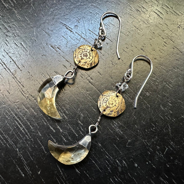 NEW! (SILVER CAPPED!) Faceted Citrine Moon Earrings with Tiny Herkimer Diamonds