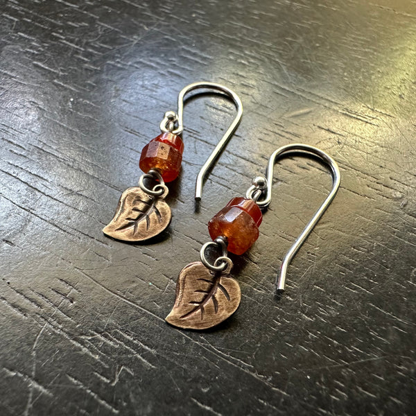 Raw Kahn Tiny Brass Leaves with Carnelian and Amber Earrings