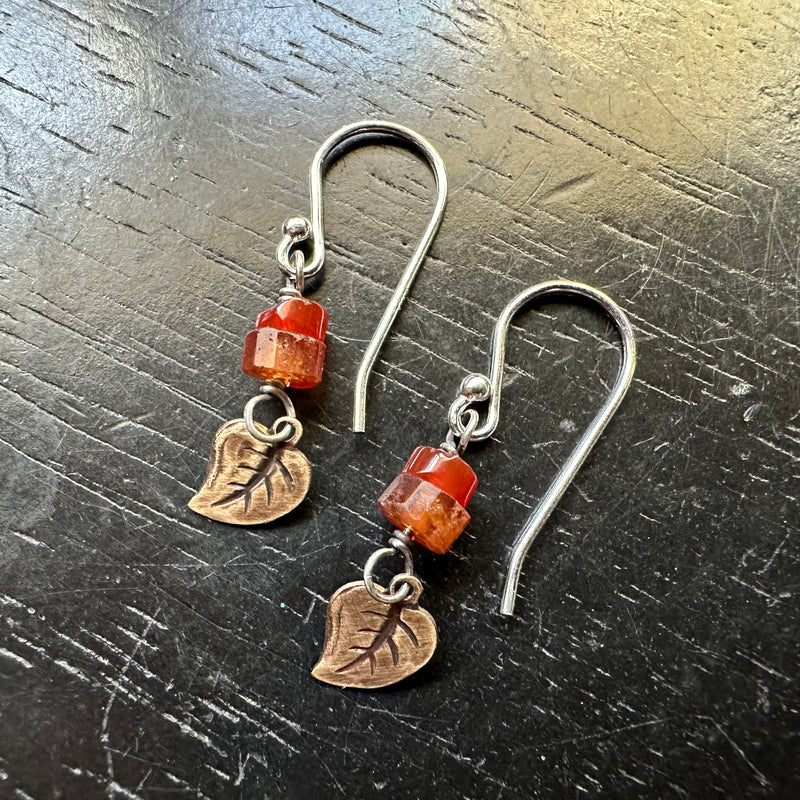 RAW KAHN! Tiny Brass Leaves with Carnelian and Amber earrings