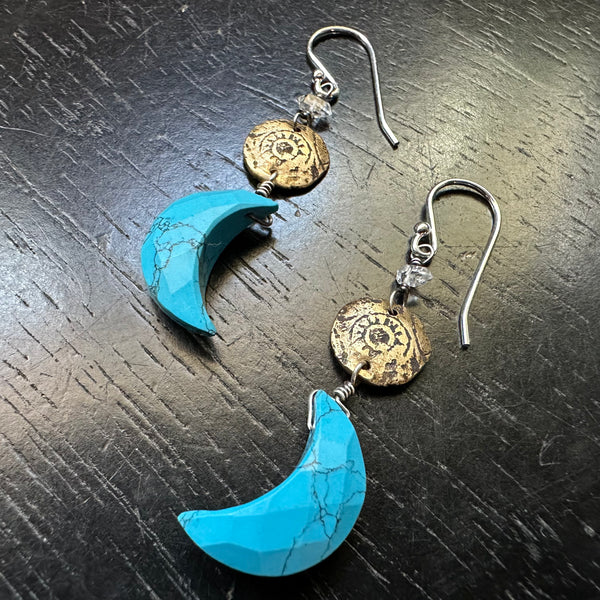 NEW! BRIGHT TEAL Turquoise Faceted Crescent Moon Earrings