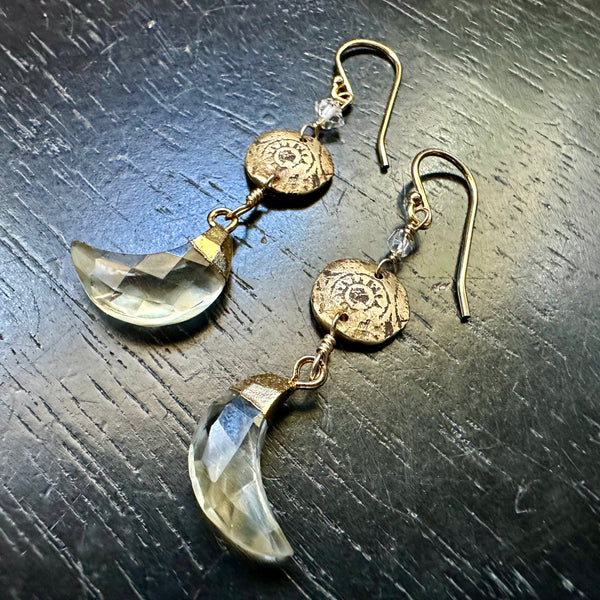 NEW! (GOLD CAPPED!) Faceted Citrine Moon Earrings with Tiny Herkimer Diamonds