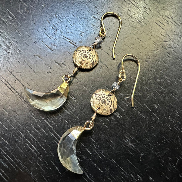 NEW! (GOLD CAPPED!) Faceted Citrine Moon Earrings with Tiny Herkimer Diamonds