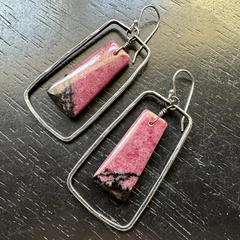 IN TIME FOR V'DAY! #1 Bookmatched RHODONITE "Rescue Crystals" in MEDIUM SILVER Hoops! OOAK#1