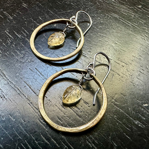 NEW! PETITE CITRINE CARVED LEAVES in Tiny Brass Hoops (November Birthstone)