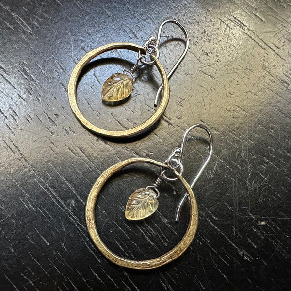 NEW! PETITE CITRINE CARVED LEAVES in Tiny Brass Hoops (November Birthstone)