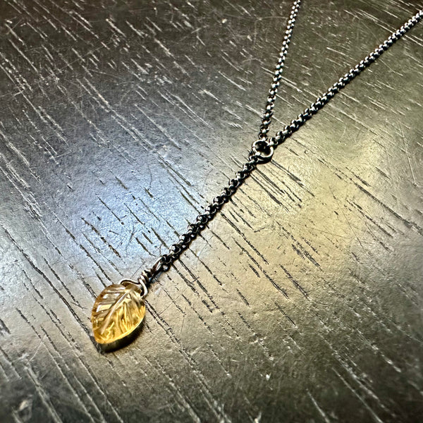NEW! CITRINE CARVED LEAF STERLING SILVER "Y" Necklace (NOVEMBER BIRTHSTONE)