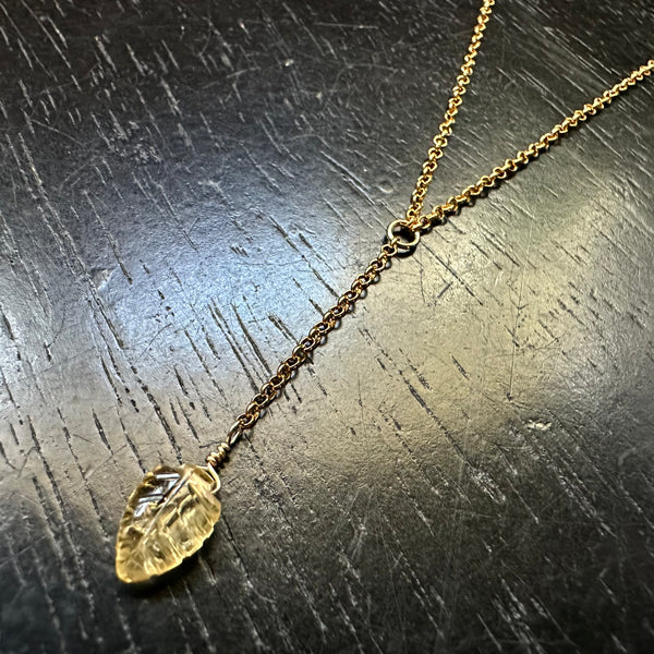 NEW! CITRINE CARVED LEAF 14K GOLD "Y" Necklace (NOVEMBER BIRTHSTONE)