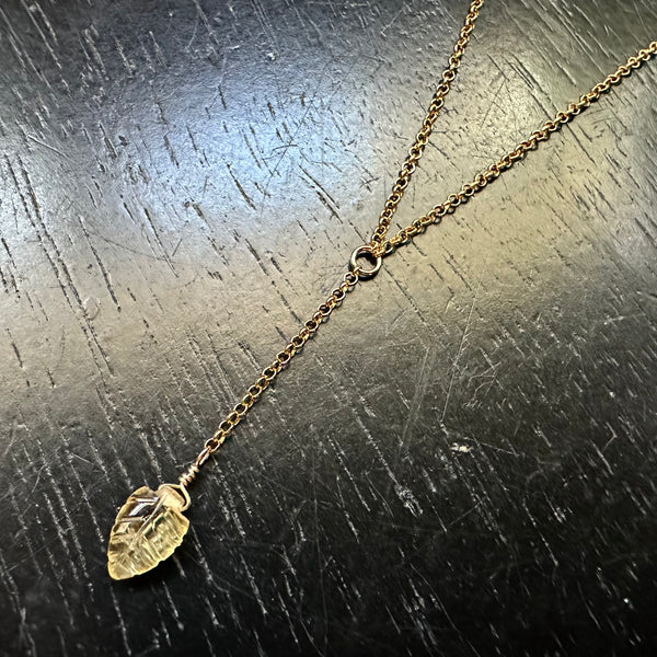 NEW! CITRINE CARVED LEAF 14K GOLD "Y" Necklace (NOVEMBER BIRTHSTONE)