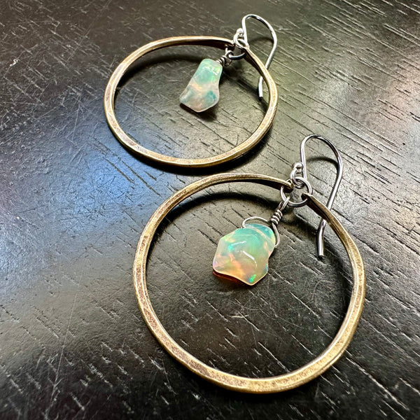 NEW! #3 SMALL BRASS HOOPS with FIERY RAW OPALS (OCTOBER BIRTHSTONE) OOAK#3