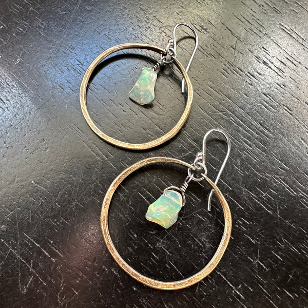 NEW! #3 SMALL BRASS HOOPS with FIERY RAW OPALS (OCTOBER BIRTHSTONE) OOAK#3