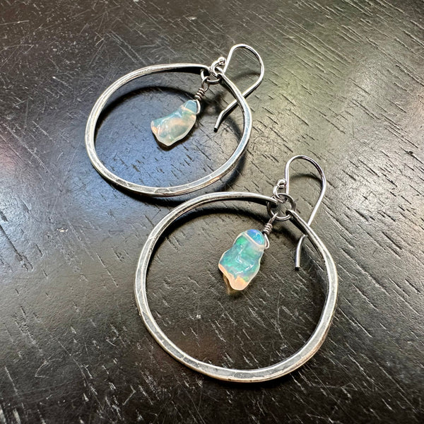 NEW! #2 SMALL SILVER HOOPS with FIERY RAW OPALS (OCTOBER BIRTHSTONE) OOAK #2