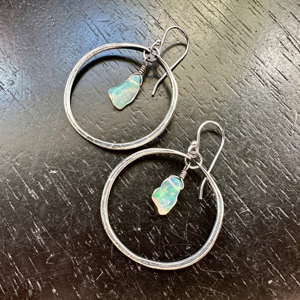 NEW! #2 SMALL SILVER HOOPS with FIERY RAW OPALS (OCTOBER BIRTHSTONE) OOAK #2