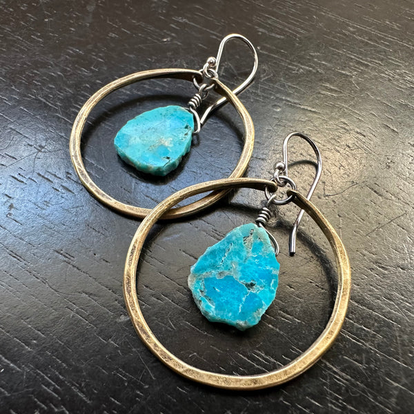1 Pair Left! SMALL BRASS HOOPS with TURQUOISE SLICES (DECEMBER BIRTHSTONE) SUPER TEAL!