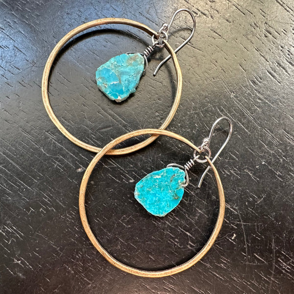 1 Pair Left! Medium BRASS HOOPS with TURQUOISE SLICES (DECEMBER BIRTHSTONE) SUPER TEAL!