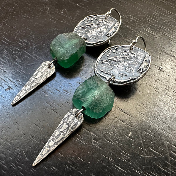 Athena Owls with Roman Glass and Spears