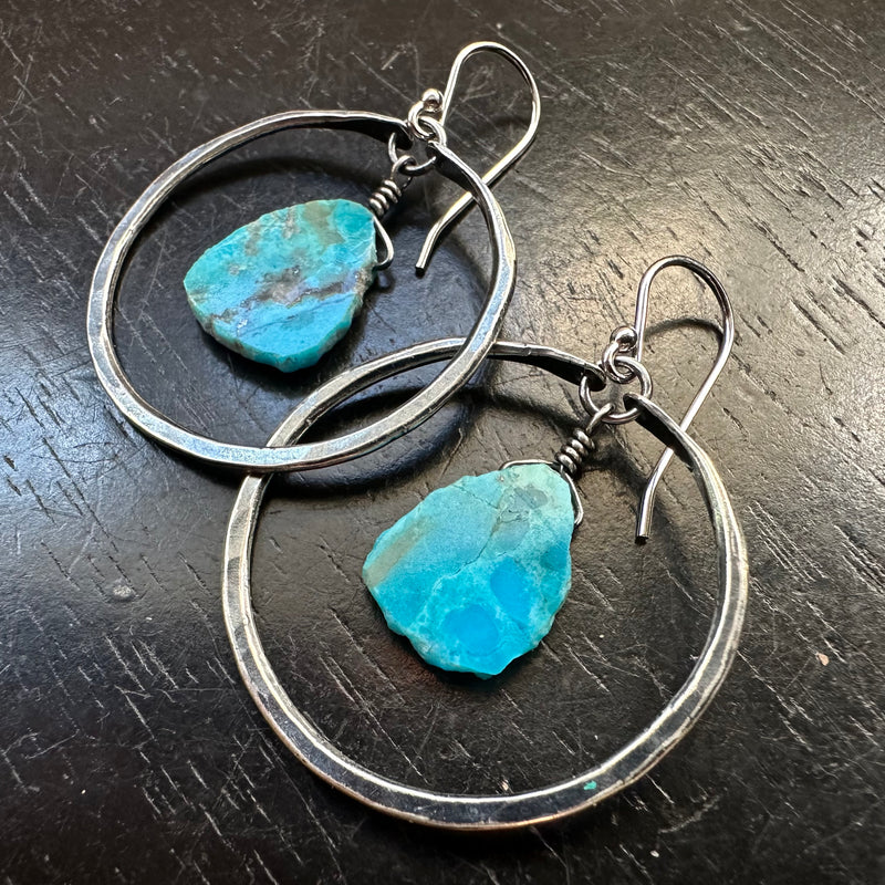SMALL SILVER HOOPS with TURQUOISE SLICES (DECEMBER BIRTHSTONE) SUPER TEAL!
