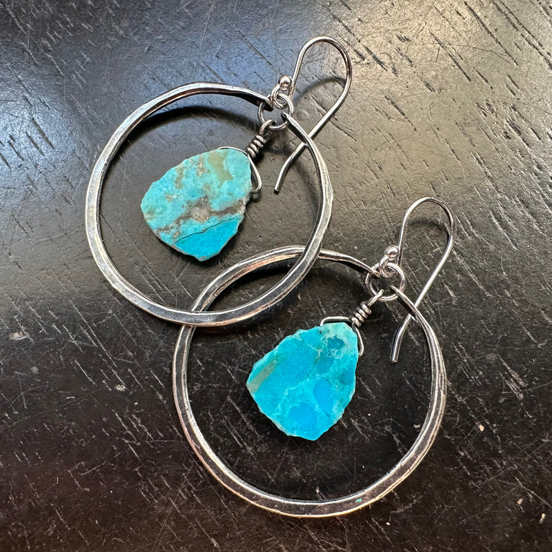 SMALL SILVER HOOPS with TURQUOISE SLICES (DECEMBER BIRTHSTONE) SUPER TEAL!