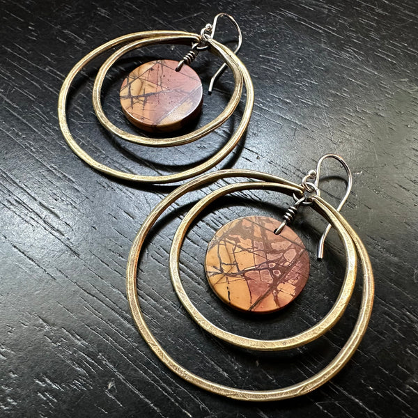 NEW! #5 Picasso Jasper CIRCLES in DOUBLE Brass Hoops, OOAK #5