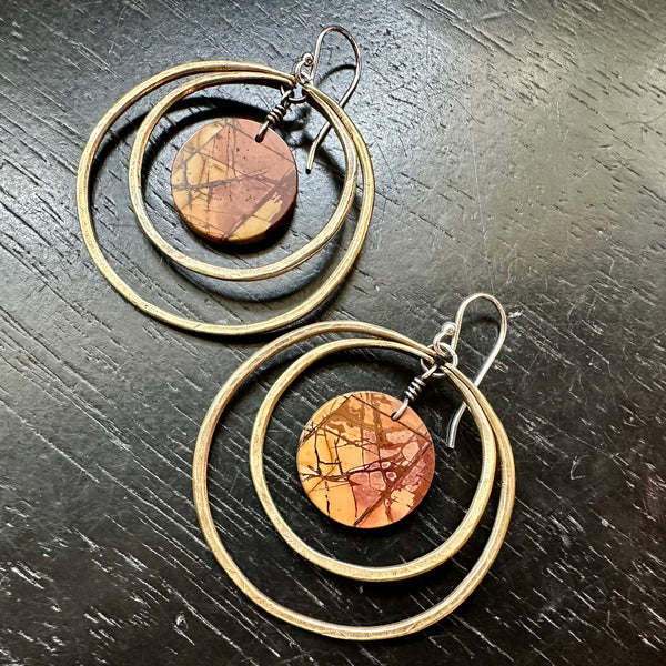 NEW! #5 Picasso Jasper CIRCLES in DOUBLE Brass Hoops, OOAK #5