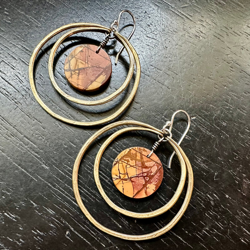 NEW! #5 Picasso Jasper CIRCLES in DOUBLE Brass Hoops, OOAK #5