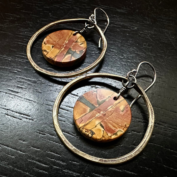 LAST PAIR! #3 Bookmatched Picasso Jasper CIRCLES in SMALL Brass Hoops, OOAK #3