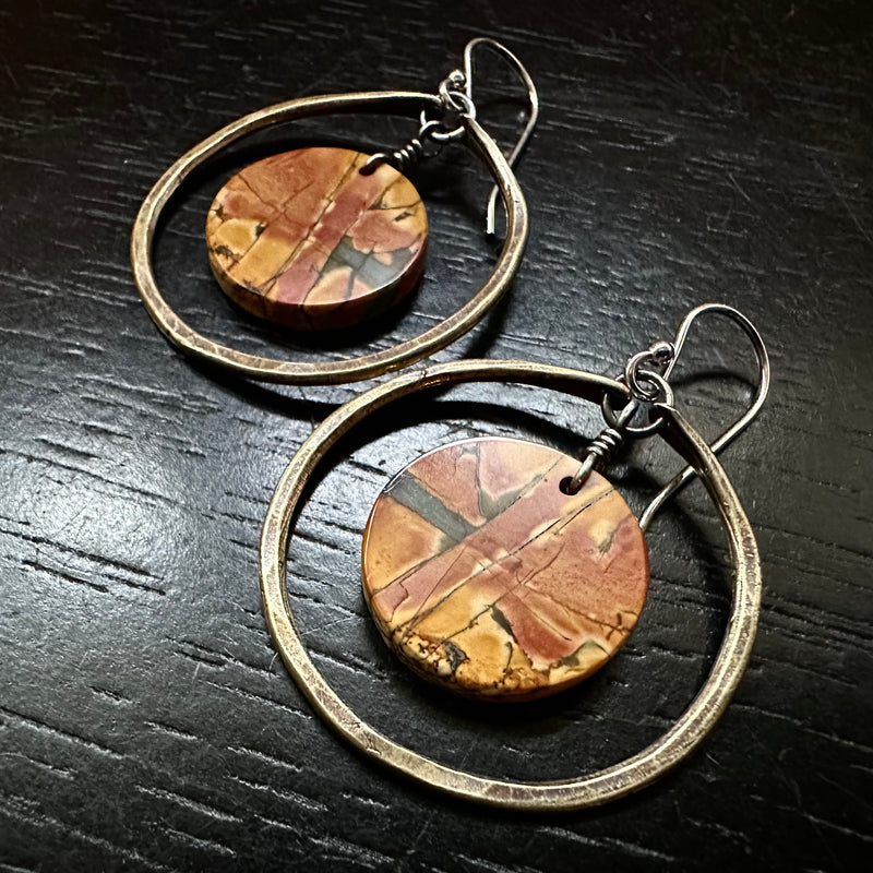 LAST PAIR! #3 Bookmatched Picasso Jasper CIRCLES in SMALL Brass Hoops, OOAK #3