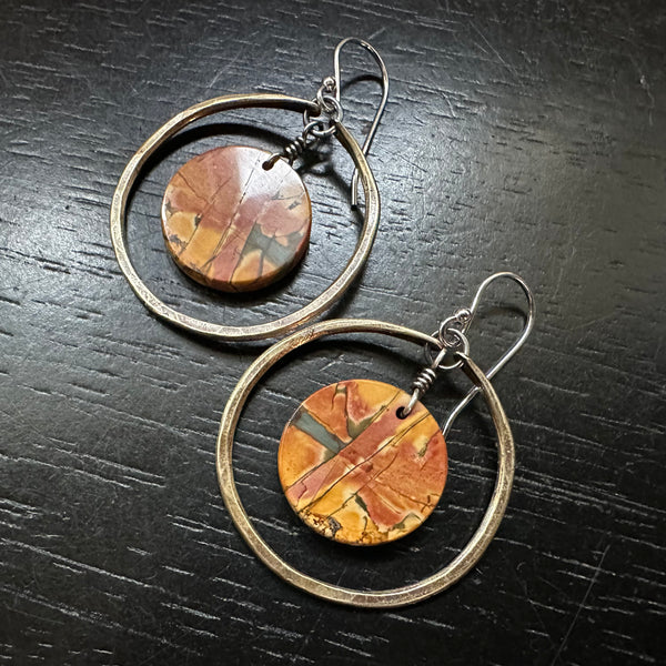 LAST PAIR! #3 Bookmatched Picasso Jasper CIRCLES in SMALL Brass Hoops, OOAK #3