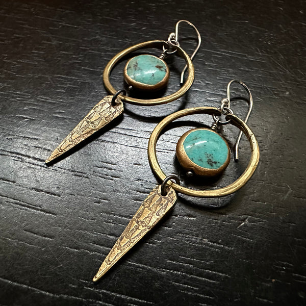 Turquoise Copper-Edged Dangles with Brass Hoops and Spears