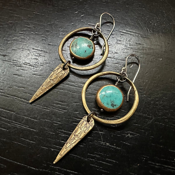Turquoise Copper-Edged Dangles with Brass Hoops and Spears